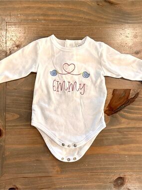 White Baby Long Sleeve Onesie with Emmy Embroidered